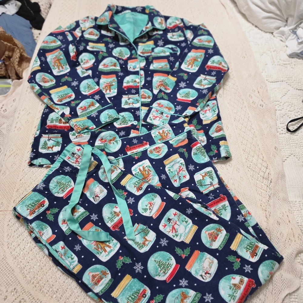 Nick & Nora blue‎ Snow Globe pajama set Women's Large Holiday Flannel